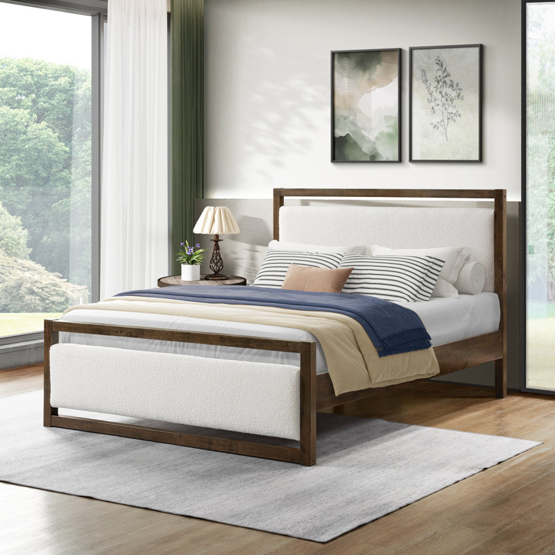 Juniper Solid Wood Boucle Bed, King, White/Dark Walnut