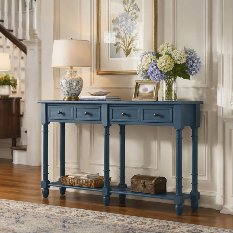 Console rustique avec deux tiroirs spacieux et une tablette inférieure pour un décor de salon et de vestibule élégant