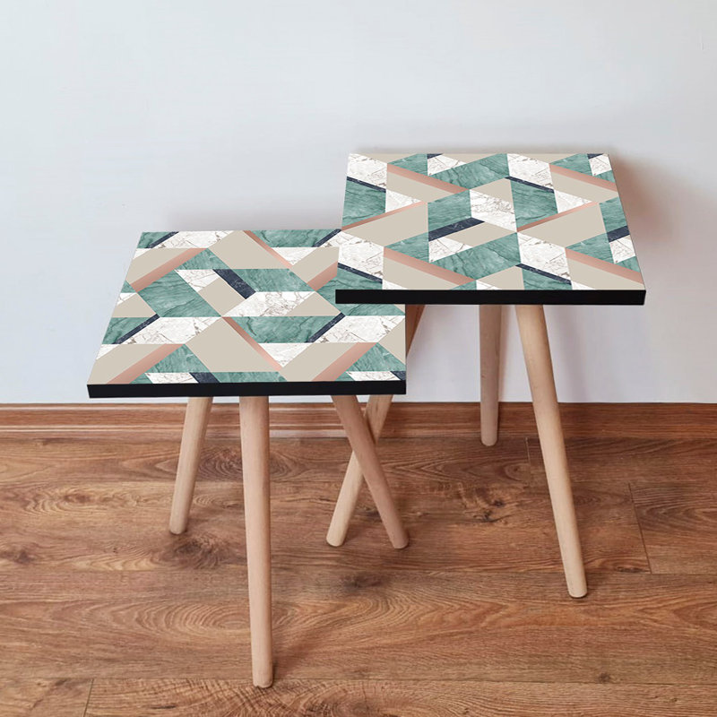 Ensemble de 2 tables gigognes modernes, conception géométrique, pieds en bois de hêtre, 13,8 po x 18,5 po x 13,8 po et 13,8 po x 16,5 po x 13,8 po | 100% panneau de fibres à densité moyenne, épaisseur: 0,7 po | Élégant et fonctionnel pour la décoration de salon et de bureau