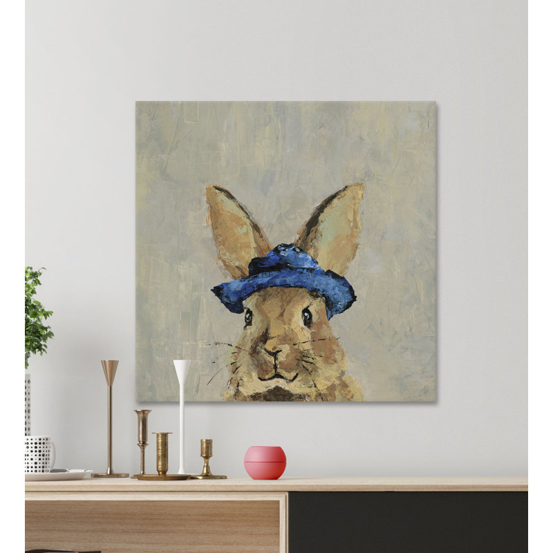Blue Hat Rabbit - Wrapped Canvas Painting, 30cm H x 30cm W