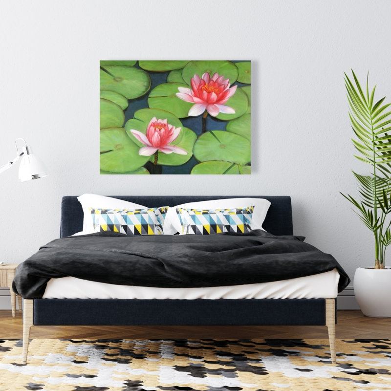 Fleurs de lotus dans un marais - Toile romantique pour la décoration intérieure, H 36 po x l 48 po
