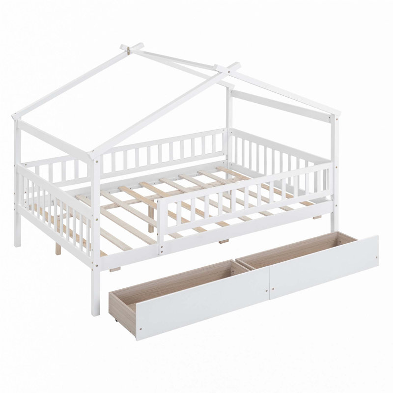 Lit en bois avec deux tiroirs, Double, Blanc