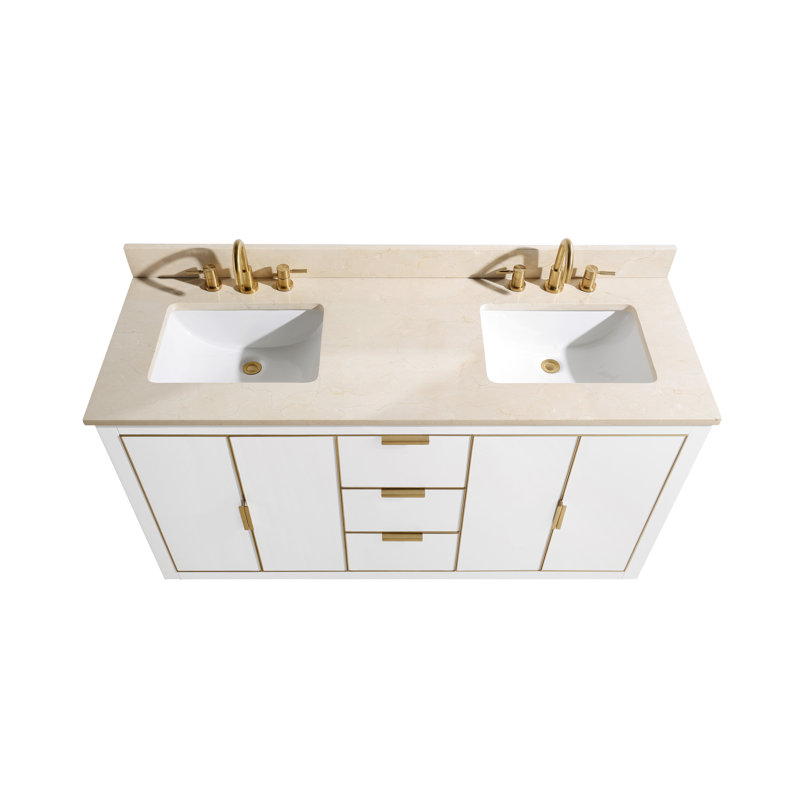 Austen 61'' W Double Vanity, Carrara White Marble/Gold, White