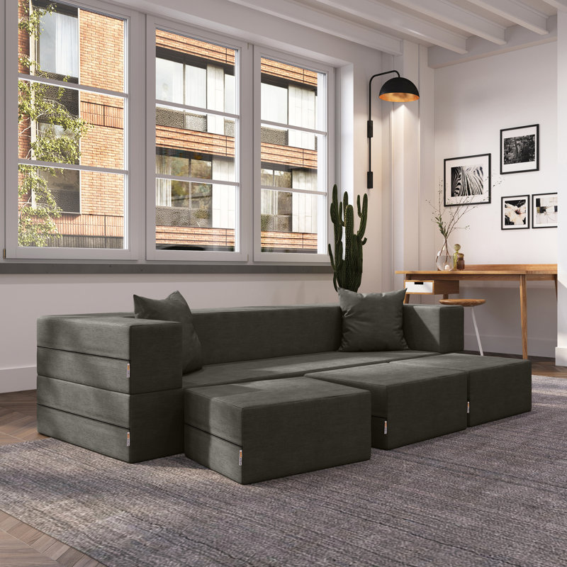 Shontae Zipline Convertible Compression Sleeper Sofa, Three Ottomans, & Pillows / California King-Size Bed, Textured Microvelvet