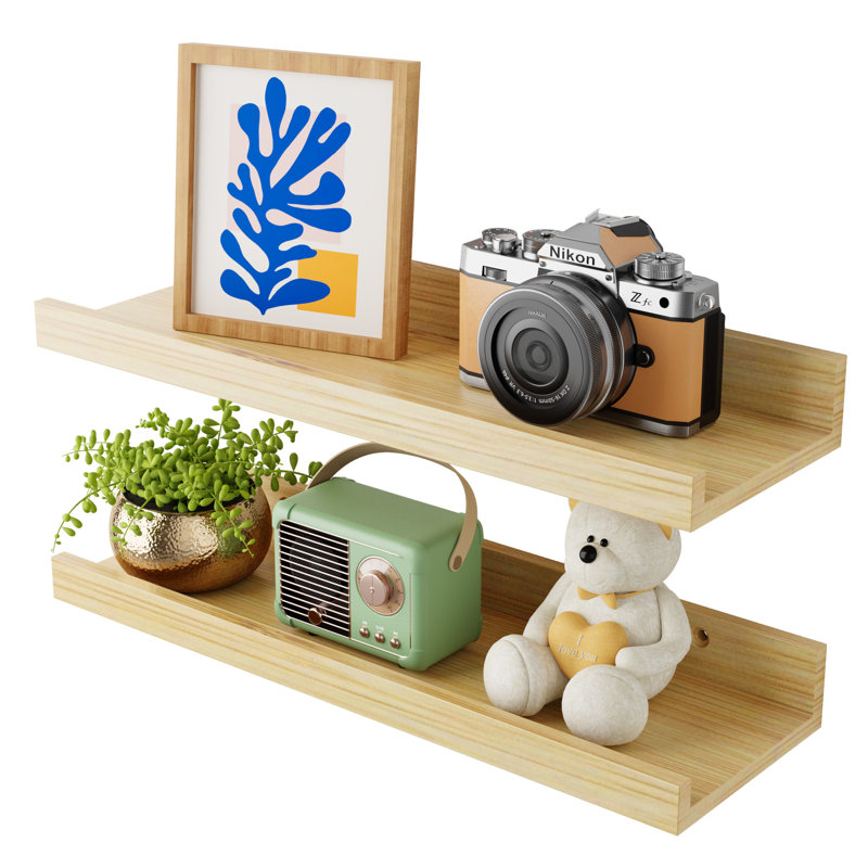 16 Inch Bamboo Floating Shelves - Picture Ledge Shelf With Lip Set Of 2, Hanging Bamboo Wall Shelf For Storage, Small Natural Wood Floating Shelves For Living Room, Bedroom, Kitchen