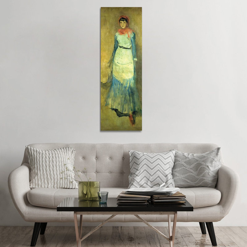 «Harmony in Coral and Blue Miss Finch», reproduction d'art sur toile tendue, 60 po x 20 po, Toile tendue avec châssis