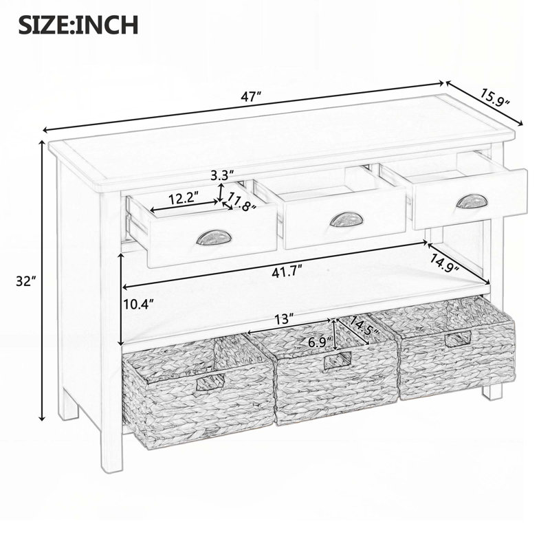 Retro Console Table with 3 Storage Drawers, Entryway Table with 3 Water Hyacinth Woven Baskets, Natural
