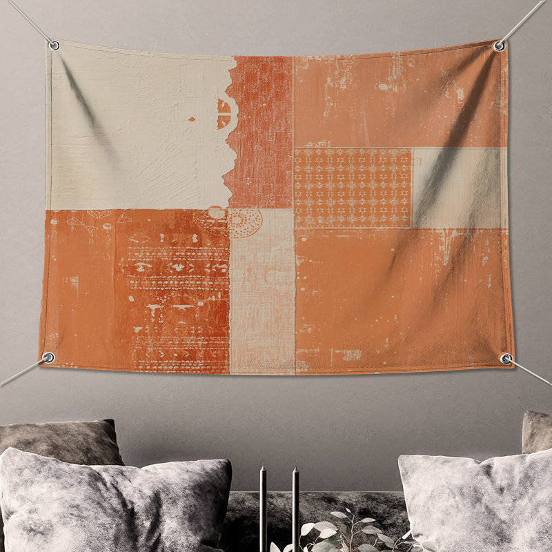 Tapisserie murale orange et beige - Patchwork, H 68 po x l 80 po avec 4 œillets