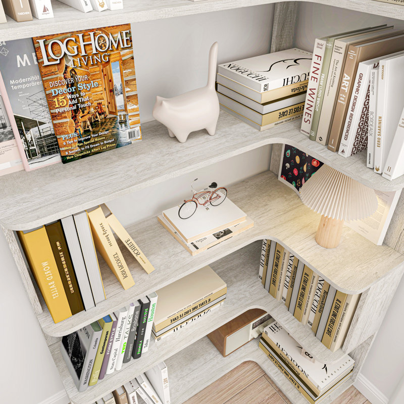 Bibliothèque d'angle en forme de L avec tablettes de rangement ouvertes, Gray