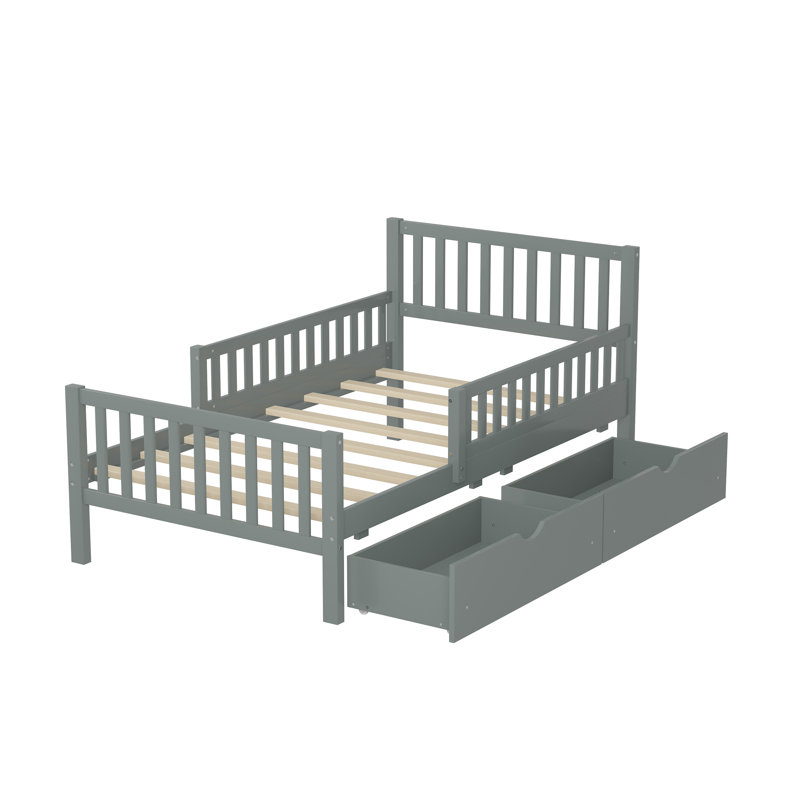 Size Wood Platform Bed With Guardrails On Both Sides And Two Storage Drawers,, Twin