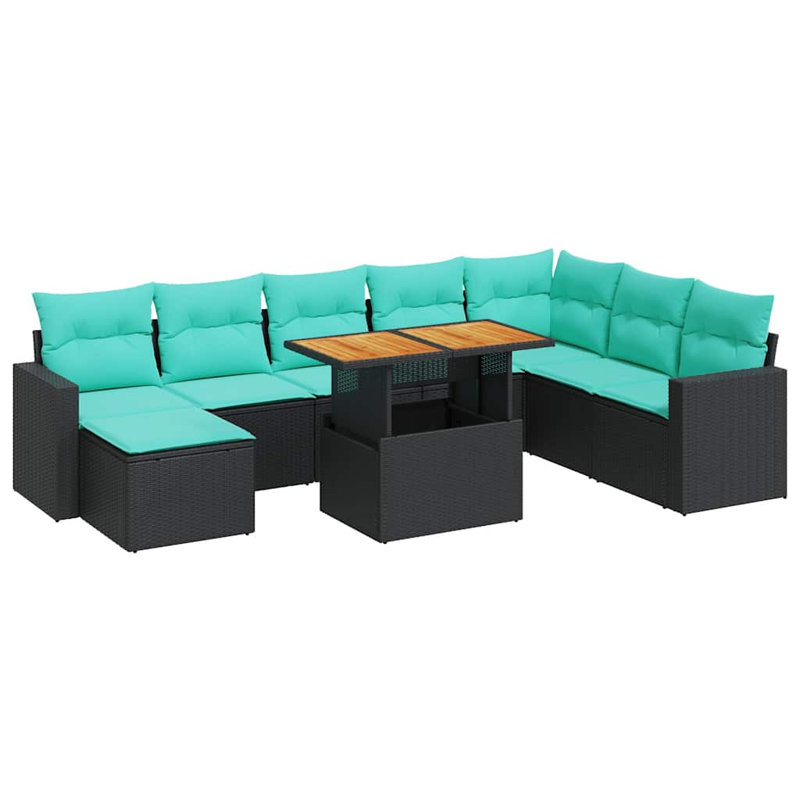Ensemble de canapé de patio 9 pièces avec coussins pour l'extérieur en rotin gris, Coussin bleu / cadre noir