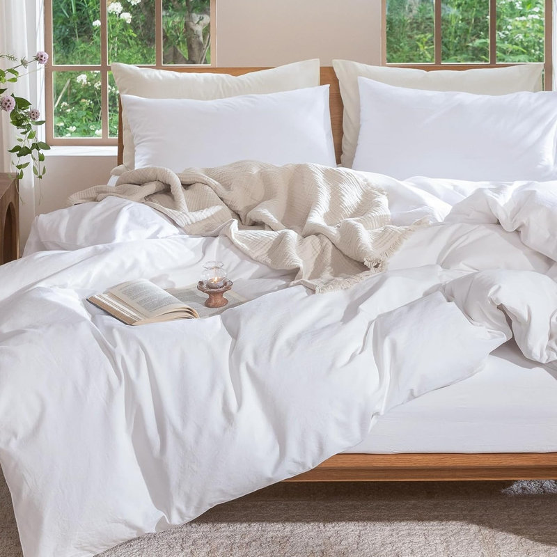 Ensemble de housse de couette en lin blanc délavé et texturé, très confortable, doux et très grand, Blanc