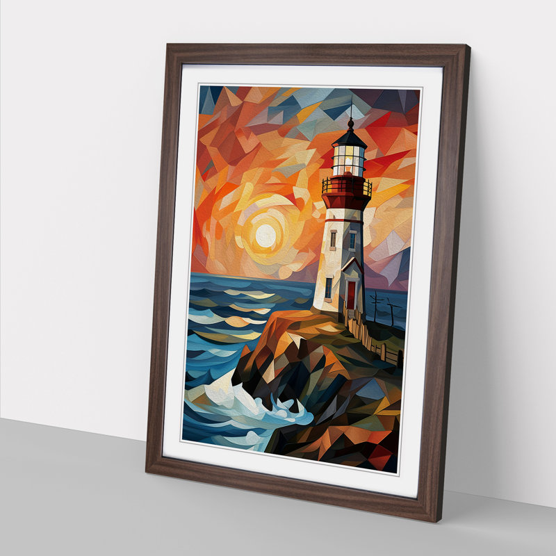 Lighthouse Cubism No.2 - Single Picture Frame Print on Wood, 64cm H x 46cm W x 2cm D, Walnut