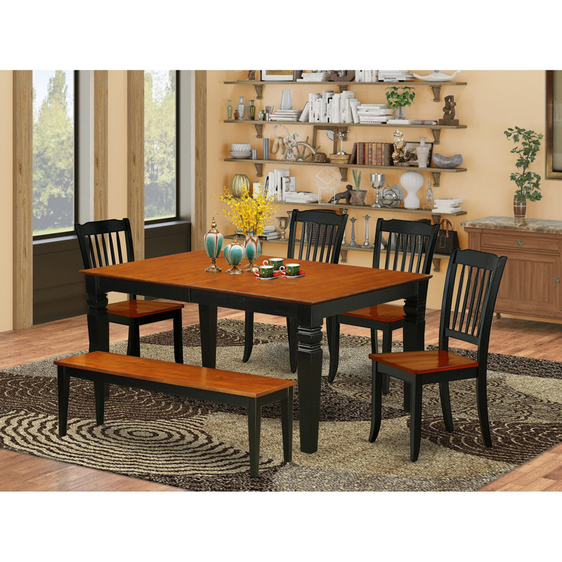6 Piece Dining Set Contains a Rectangle Dining Room Table with Butterfly Leaf and 4 Kitchen Chairs with a Bench, Black & Cherry
