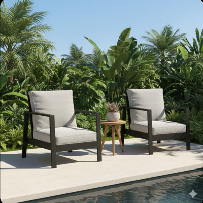 Set Of 2   28" All-Weather Aluminum Patio Armchairs With Thick Light Gray Cushions & Black Frame