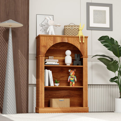 Bibliothèque ouverte à 3 niveaux, bibliothèque autoportante traditionnelle avec garniture perlée décorative, étagère en bois de noyer clair pour le salon, le bureau personnel, la chambre à coucher et le couloir