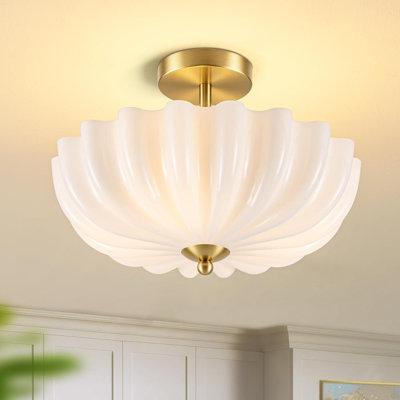 Plafonnier semi-encastré 15,5 pouces doré, lustre moderne avec abat-jour blanc laiteux pour cuisine, chambre à coucher, salle de bain