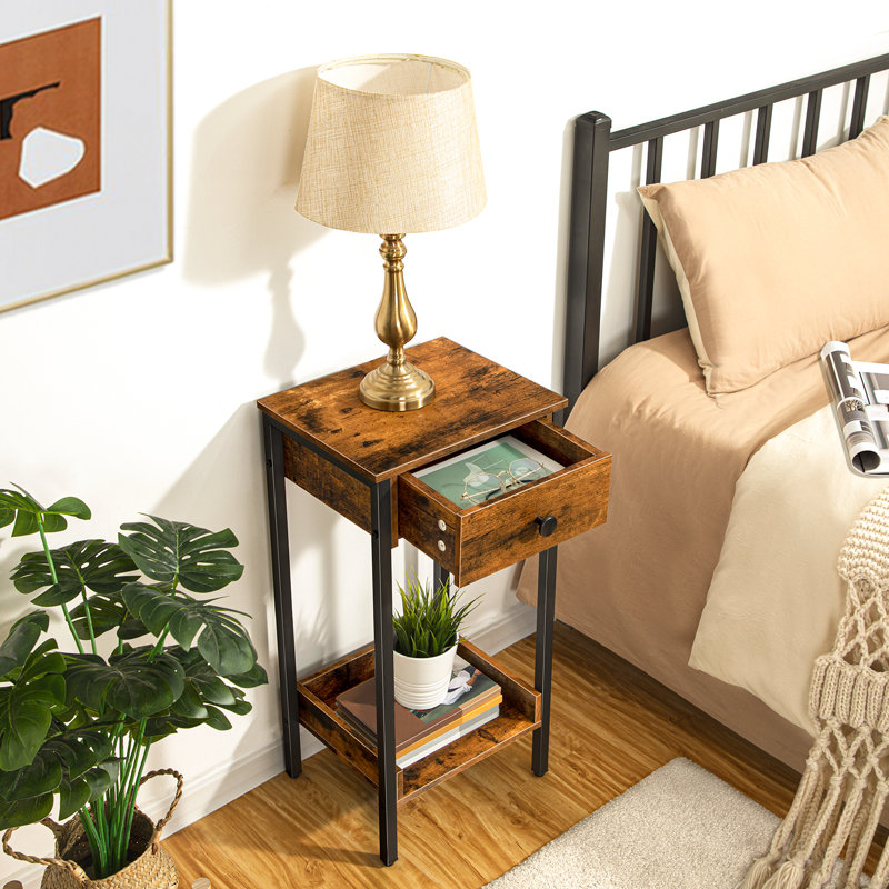 Crellin 27" Tall Iron Nightstand with Storage, Rustic Brown/Black