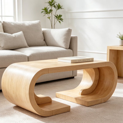 Table basse Table centrale courbée en forme de C de 47 po, base en bois robuste avec grande surface, table à thé rectangulaire rustique pour le salon, la salle de divertissement et le bureau personnel