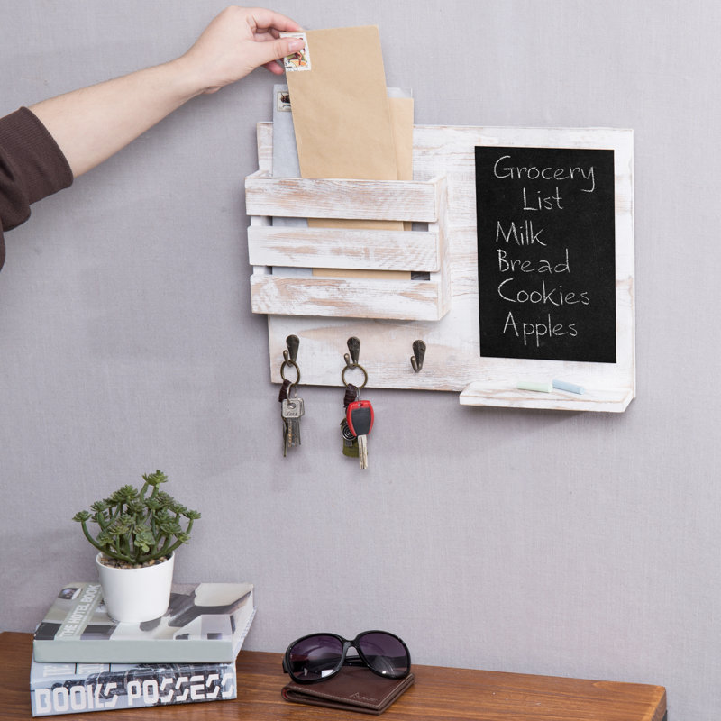 Wall Organiser With Key Hooks//Chalkboard/Mail Storage, Whitewashed