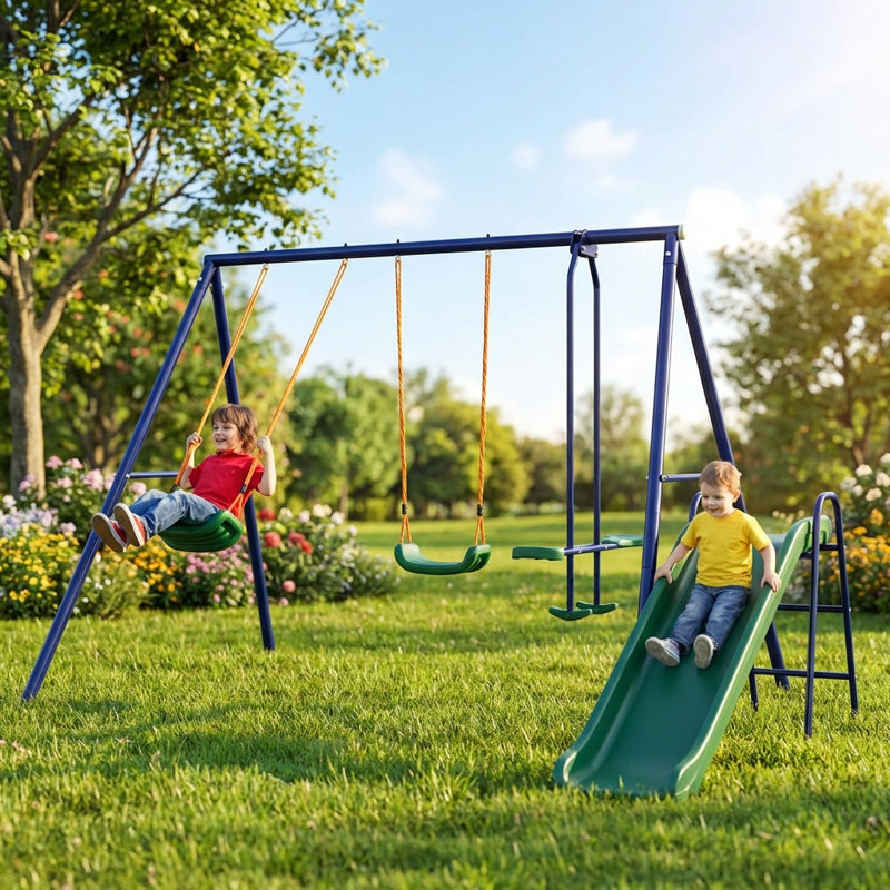 Ensemble de jeu de balançoire pour enfants à triple fonction, équipement de jeu 3-en-1 pour la cour avec balançoire à ceinture, glissade lisse et planeur double pour la pelouse de jardin