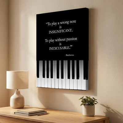 Music Quote Gallery Wrapped Canvas Wall Art, Piano Keys with White Typography on Black Background Design, Modern Music Room Decor for Living Room Bedroom Office, Ready to Hang