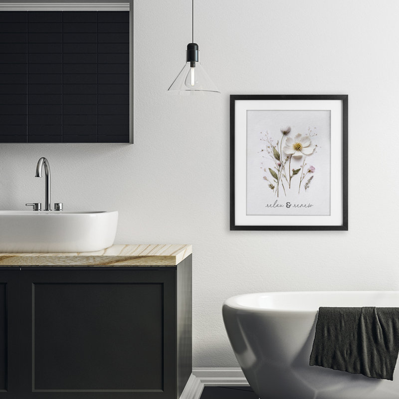 «Pressed Flower Relax & Renew», reproduction sous verre encadrée, design par lettres et doublure, H 21 po x l 17 po