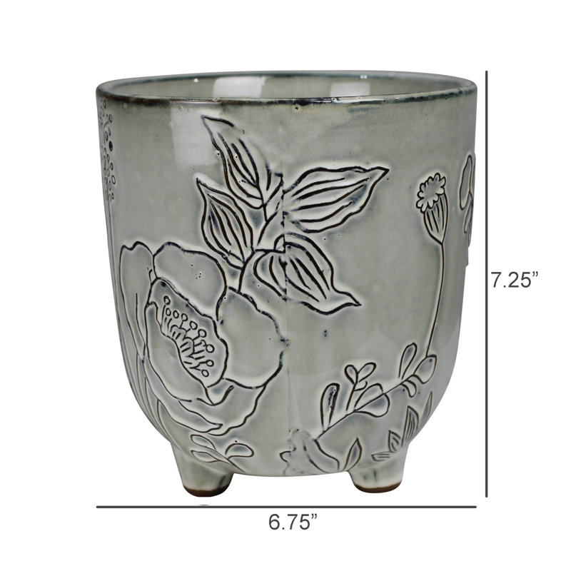 Cachepot With Floral, Ceramic - 6”