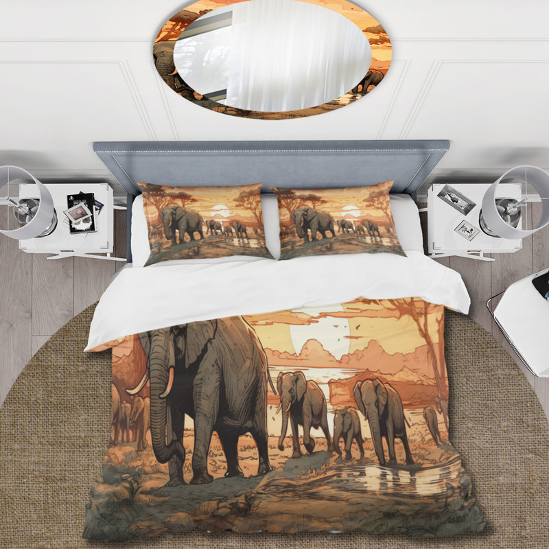 Ensemble de housse de couette orange en microfibre / polyester Orange African Safari With Elephants I Bedding