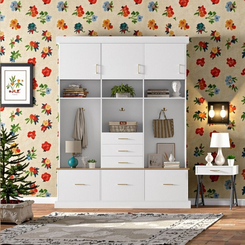 75" H Functional Hall Tree With Bench Storage, 5-in-1 Entryway Organizer Coat Rack, 6 Drawers, 3 Cabinets & Shelves For Hallway, Living Room