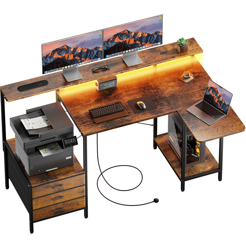 L-Shaped Steel Computer Desk with Built-In Electrical Outlet, Brown/Black