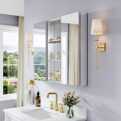 36''W X 30''HRecessed or Surface Wall Mounted Aluminum Mirror  Medicine Cabinet With Open Shelf Storage  Set