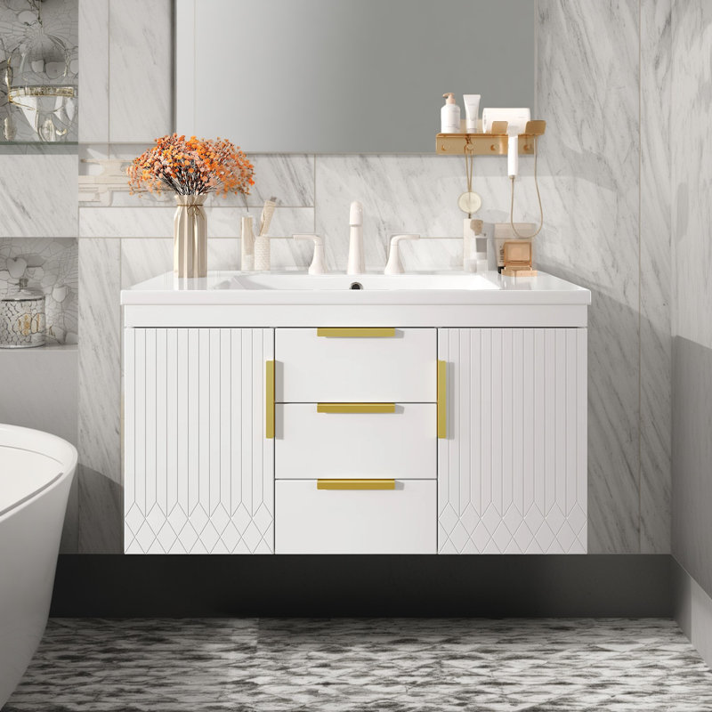 Meuble-lavabo flottant mural 36 po avec 2 tiroirs, armoire en bois massif 36 po, Blanc