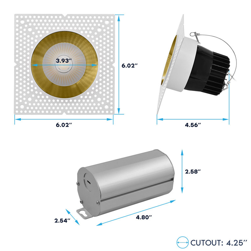 Projecteur encastré sans cadre à DEL 4 pouces avec remplacement de réflecteur en laiton LUXRITE 25W, 2000LM, 5CCT, 38 °, intensité variable, blanc ETL CRI90 + laiton