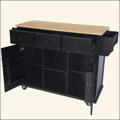 Kitchen Cart With Rubber Wood Drop-Leaf Countertop ,Cabinet Door Internal Storage Racks,Kitchen Island On 5 Wheels With Storage Cabinet And 3 Drawers by Ophelia & Co.