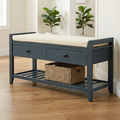 Élégant banc à chaussures en bois avec deux tiroirs de rangement et un support quadrillé - un couloir et un vestibule indispensables