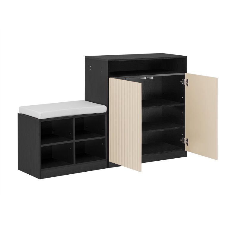 Armoire de rangement pour chaussures avec banc à chaussures, 2 portes et 3 tablettes réglables à 3 niveaux, console de rangement avec porte à lattes ondulée et crochets