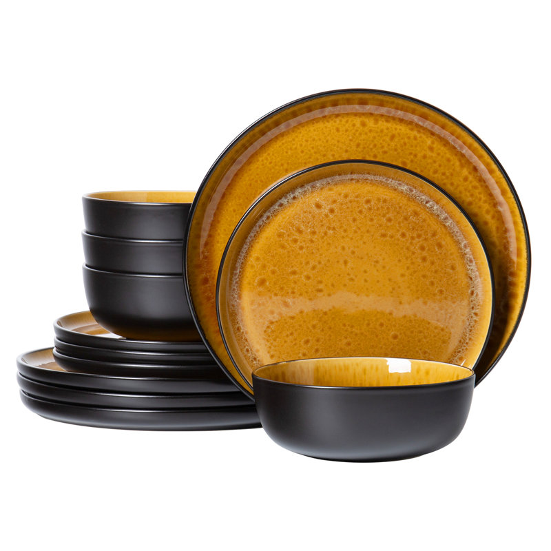 Service de table en grès 12 pièces ALOFMO Oynx, service pour 4, Orange / noir