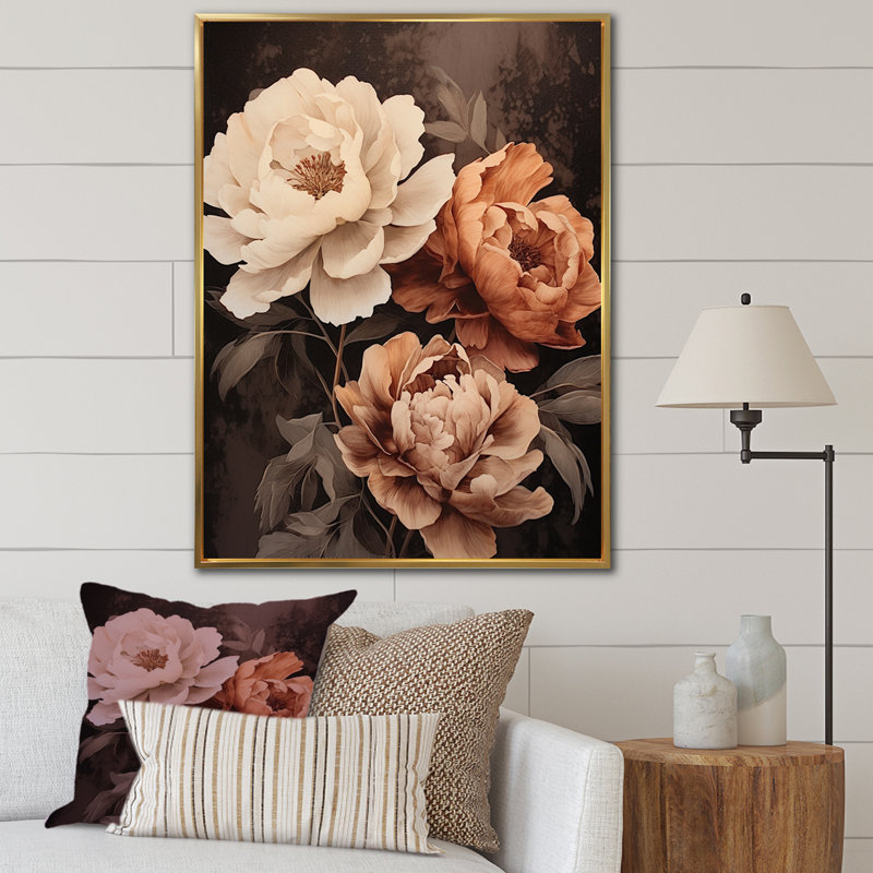 Pivoines botaniques rétro dévoilées II sur toile, Cadre flottant doré, H 20 po x l 12 po x P 1 po