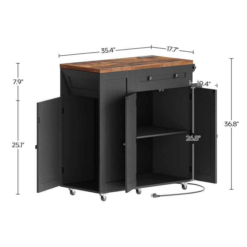 Kamey 35.4" Rolling Kitchen Island with Trash Cabinet and Charging Station,Wheels Drawer Cabinet for 10 Gallon Garbage Bin