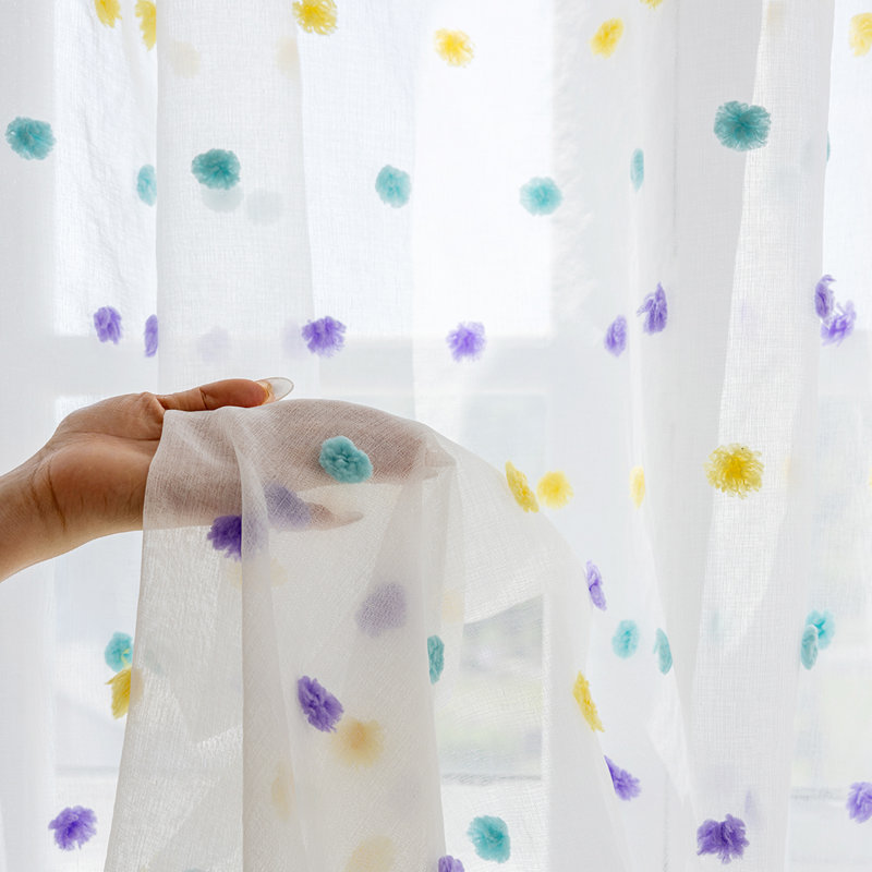 Colorful Pompom Sheer Curtains Boho White Sheer Door Curtains for Living Room Kids' Room Rod Pocket, 52" W x 63" L