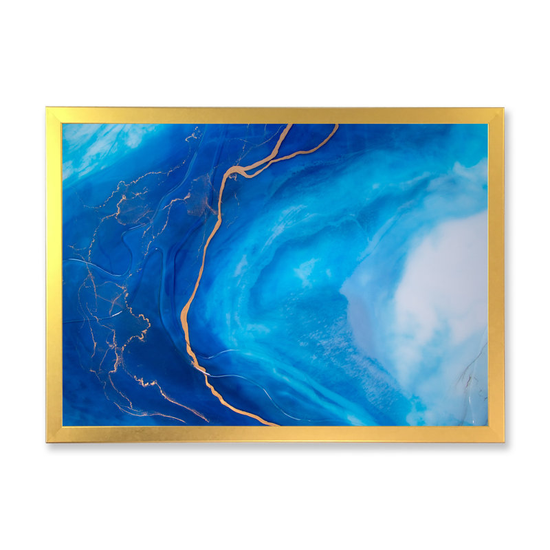 «Luxury Blue Fluid Marble Art III», reproduction d'art sur toile encadrée, H 24 po x l 36 po x P 1 po, Toile encadrée dorée
