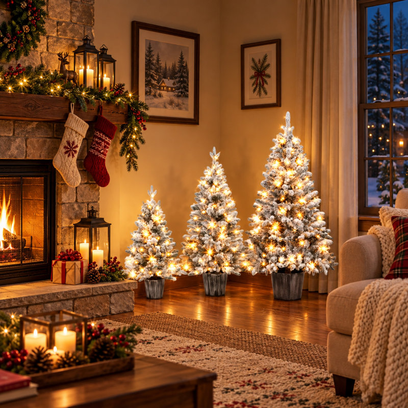 Ensemble de 3 sapins de Noël artificiels en pot, préilluminés et floqués, avec lumières DEL multi-modes.
