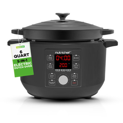 Cocotte électrique 6 pintes | Pot en fonte 1500W 5-en-1 1500W avec couvercle en acier inoxydable | Contrôle précis de la température | Comprend 2 poignées en silicone et un coussin résistant à la chaleur | (Noir)