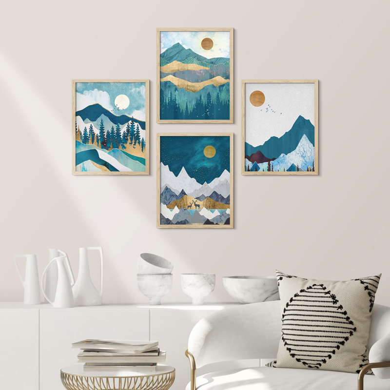 «Teal and Gold Mountain Pine Tree Forest Landscape», impression sur papier 4 pièces, Naturel, H 14 po x l 11 po