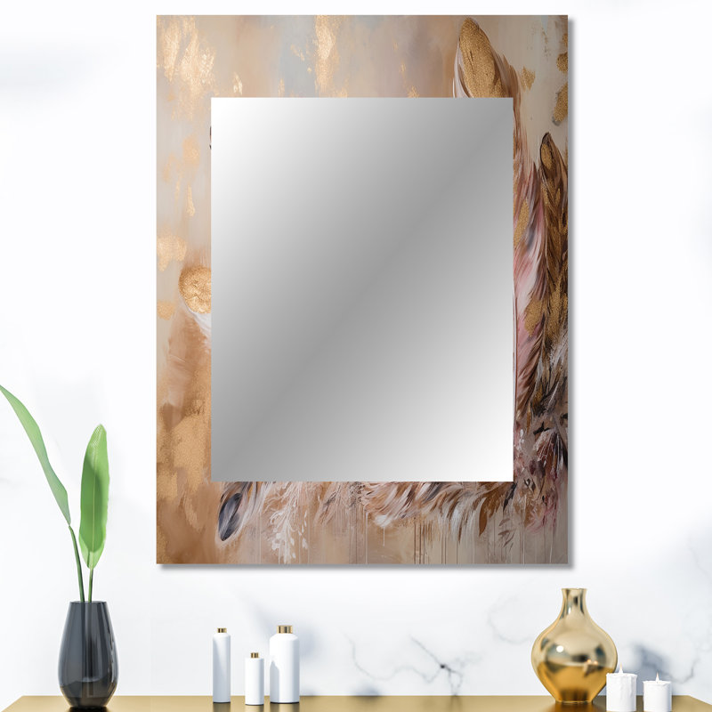 Plume dorée Boho Majesty - miroir de plumes Glam, miroir mural moderne unique, impression d'art en métal, 40 po x 30 po