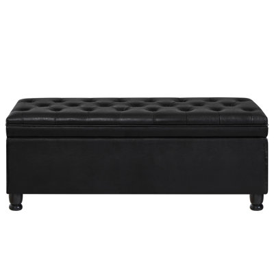 Upholstered Storage With Details. Black Faux Leather, Wooden Legs. Stores , Blankets. Comfortable Relaxing Spot. 45”x18”x18”h. Easy To Assemble Bench Buttons. Solid Wood Keeps Blankets, Organized.
