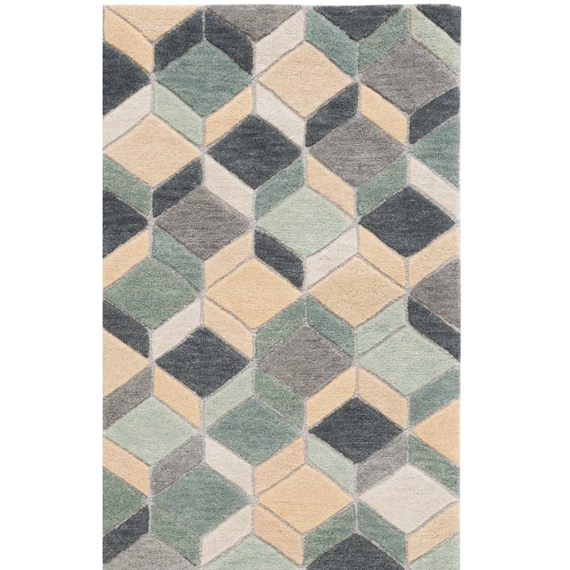 Tapis géométrique beige / gris en laine / coton touffeté à la main Rodeo Drive, Tapis de couloir 2 pi 3 po x 8 pi
