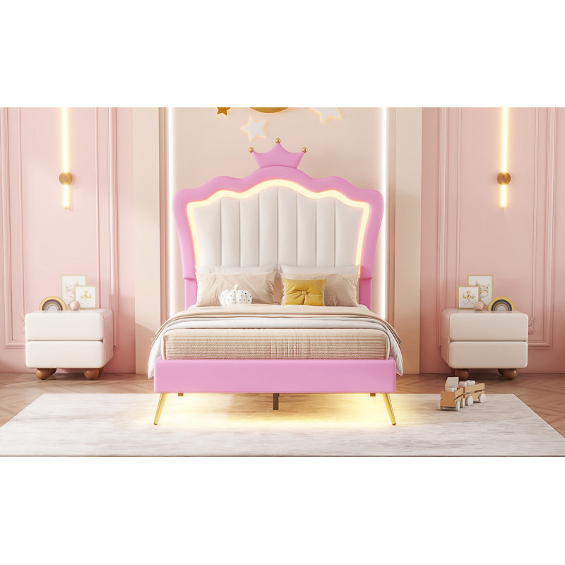 Structure de lit simple tapissier avec lumières DEL, lit princesse rembourré moderne avec tête de lit couronne