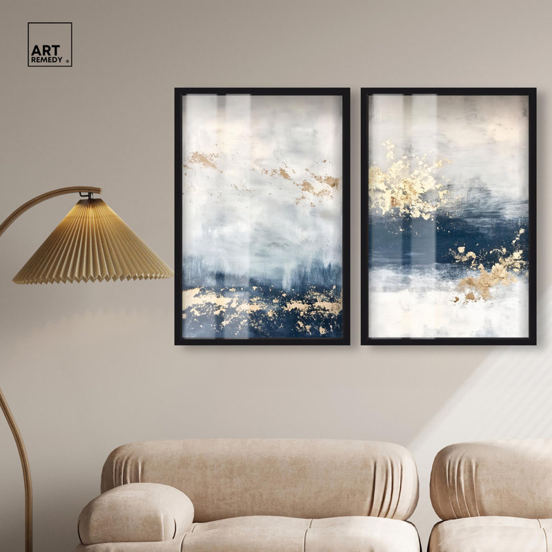 Gilded Coastal Calm Blue Art , H 31 po x l 21 po, Noir